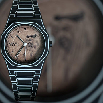 ABU DHABI Sheik Photo Arabic Brown Dial Black And White Poly Carbon Chairman Geneve Watch