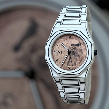 ABU DHABI Sheik Photo Brown Arabic Dial White And Black Gents Watch