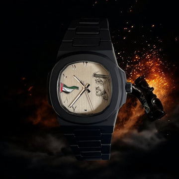 Beige Arabic Dial UAE Sheikh Flag Photo Black Chain Gents Watch