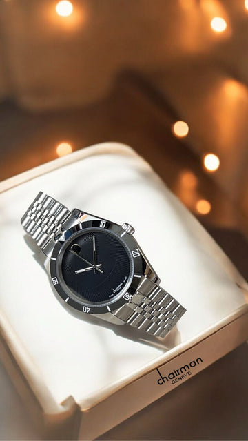 Black Dated Dial Swiss Design Chairman Geneve Silver Chain Gents Watch