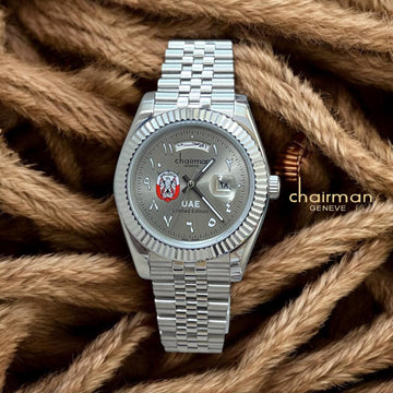 Chairman Geneve ABU DHABI Emblem Arabic Grey Dated Dial Silver Chain Gents Watch