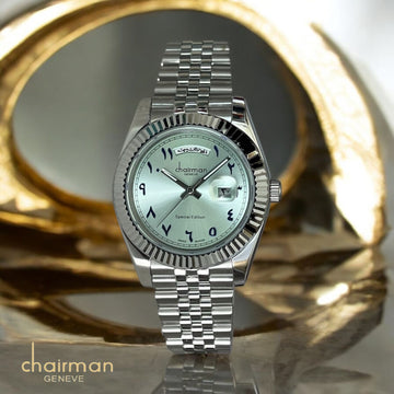Chairman Geneve Arabic Day And Dated Baby Green Silver Strap Gents Watch