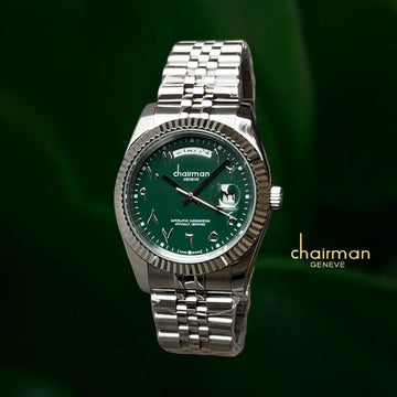Chairman Geneve Arabic Day And Dated Green Dial Silver Chain Gents Watch