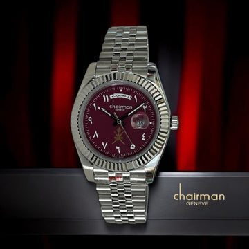 Chairman Geneve Arabic Day And Dated Maroon Dial Silver Strap Gents Watch