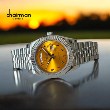 Chairman Geneve Arabic Day And Dated Orange Dial Silver Strap Gents Watch