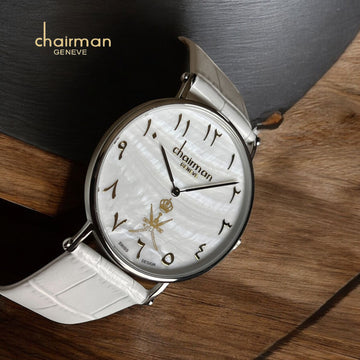 Chairman Geneve Arabic Off White Marble Dial OMAN Emblem Off White Strap Gents Watch