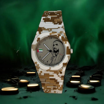 Chairman Geneve Arabic UAE Flag Sheik Grey Dial White And Brown Chain Gents Watch