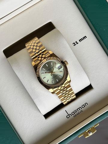 Chairman Geneve Baby Green Dated Dial Golden Chain Ladies Watch