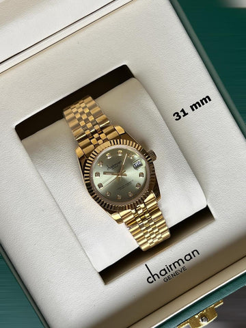 Chairman Geneve Baby Green Dated Stone Dial Golden Chain Ladies Watch