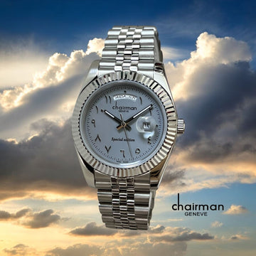 Chairman Geneve Baby Grey Day And Dated Arabic Dial Silver Chain Gents Watch