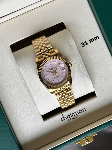 Chairman Geneve Baby Pink Dated Dial Golden Chain Ladies Watch