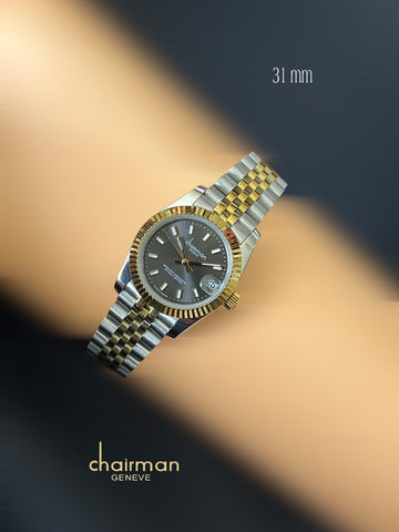 Chairman Geneve Black Dated Dial Gold And Silver Strap Gents Watch