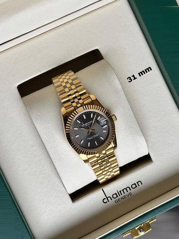 Chairman Geneve Black Dated Dial Golden Chain Ladies Watch
