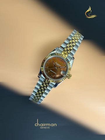 Chairman Geneve Brown Arabic Dated Dial Silver And Gold Chain Ladies Watch