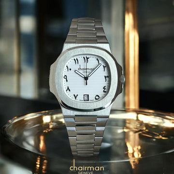 Chairman Geneve Dated Arabic White Dial Silver Chain Gents Watch