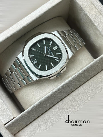 Chairman Geneve Dated Black Dial Silver Chain Gents Watch