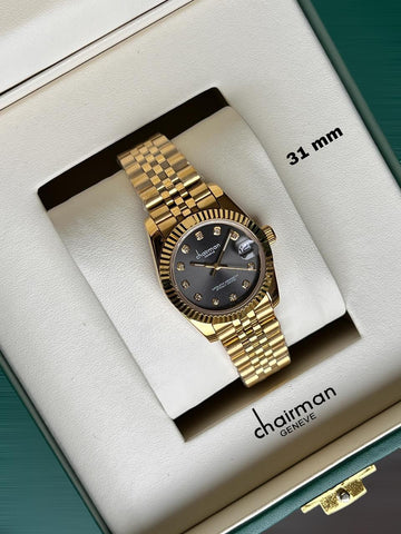 Chairman Geneve Dated Black Stone Dial Golden Chain Ladies Watch