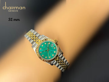 Chairman Geneve Dated Green Dial Silver And Gold Color Chain Gents Watch