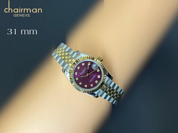 Chairman Geneve Dated Maroon Dial Silver And Gold Strap Gents Watch