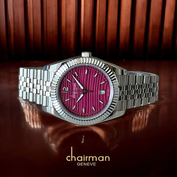 Chairman Geneve Dated Maroon Dial Silver Chain Gents Watch