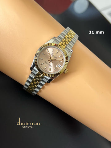 Chairman Geneve Dated Silver Gold Chain Gents Watch
