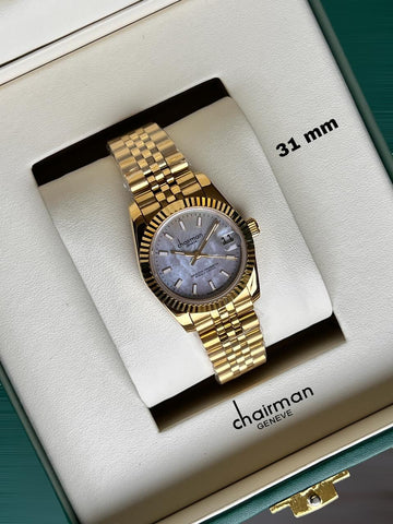 Chairman Geneve Dated White Marble Dial Golden Chain Ladies Watch