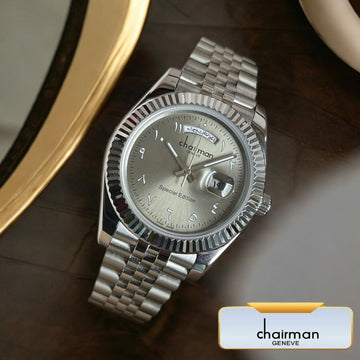 Chairman Geneve Day And Dated Arabic Grey Dial Silver Chain Gents Watch