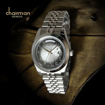 Chairman Geneve Day And Dated Black And Grey Dial Silver Chain Gents Watch