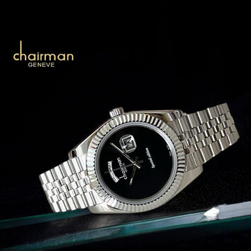 Chairman Geneve Day And Dated Black Dial Silver Chain Gents Watch