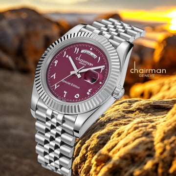 Chairman Geneve Day And Dated Maroon Arabic Dial Silver Chain Gents Watch
