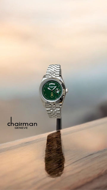 Chairman Geneve Day And Dated OMAN Emblem Green Dial Silver Chain Gents Watch