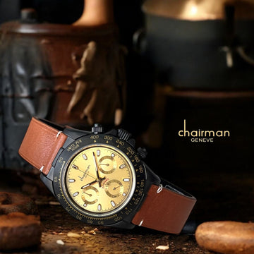 Chairman Geneve Daytona Mechanical Golden Dial Brown Strap Gents Watch