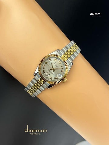 Chairman Geneve Grey Dated Roman Dial Silver Gold Chain Gents Watch
