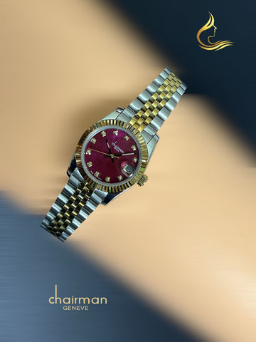 Chairman Geneve Maroon Dated Dial Silver And Gold Chain Ladies Watch