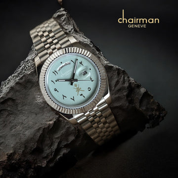 Chairman Geneve OMAN Emblem Arabic Day And Dated Sky Blue Dial Silver Chain Gents Watch