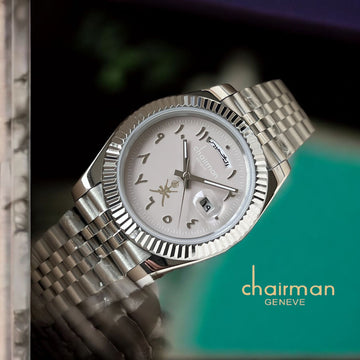 Chairman Geneve OMAN Emblem Arabic Day And Dated Baby Grey Silver Chain Gents Watch