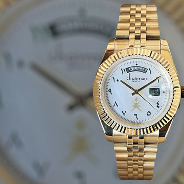 Chairman Geneve OMAN Emblem Day And Dated Arabic White Dial Golden Chain Gents Watch