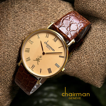 Chairman Geneve OMAN Emblem Roman Numeral Beige Dial Brown Strap Gents Watch