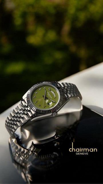 Chairman Geneve OMAN Emblem Day And Dated Green Dial Silver Chain Gents Watch
