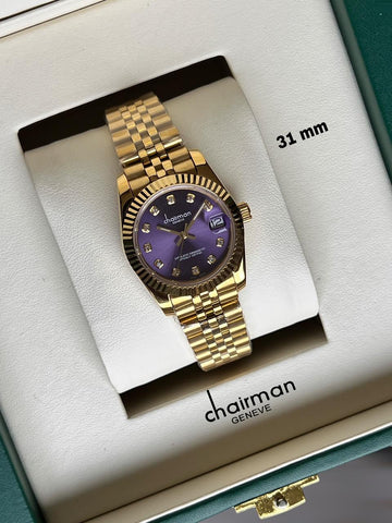 Chairman Geneve Purple Dated Stone Dial Golden Chain Ladies Watch