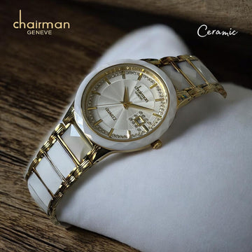 Chairman Geneve Quartz Ceramic Dated White And Gold Ladies Watch