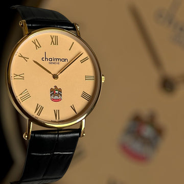 Chairman Geneve Roman Numeral Beige Dial UAE Emblem Black Strap Gents Watch