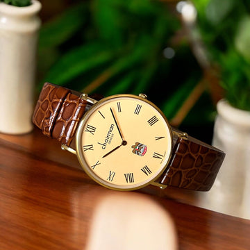 Chairman Geneve Roman Numeral Beige Dial UAE Emblem Vintage Brown Strap Gents Watch