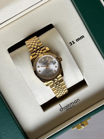 Chairman Geneve Silver Dated Stone Dial Golden Chain Ladies Watch