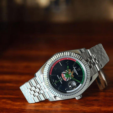 Chairman Geneve UAE Emblem Dated Arabic Black Dial Silver Chain Gents Watch
