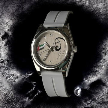 Chairman Geneve UAE Flag Sheik Beige Arabic Dial Grey Strap Gents Watch