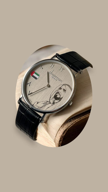 Chairman Geneve UAE Sheikh Flag Photo Grey Dial Black Strap Gents Watch