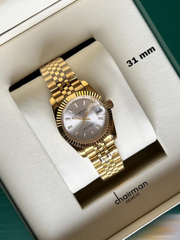 Chairman Geneve White Dated Dial Golden Chain Ladies Watch