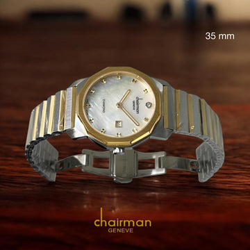 Diamond Chairman Geneve Dated White Marble Dial Silver And Gold Dial Ladies Watch