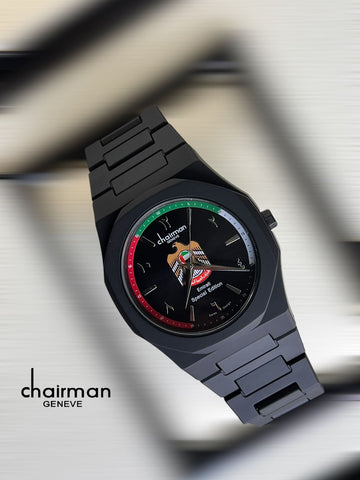 Emirati Special Edition Chairman Geneve UAE Emblem Arabic Black Dial Black Strap Gents Watch